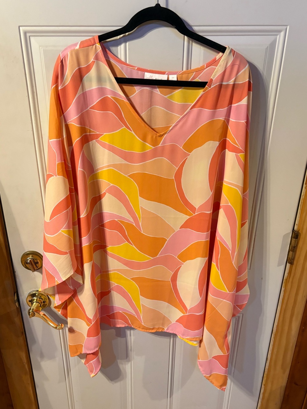 Belle by Kim Gravel Pink, Orange & Yellow Abstract V‑Neck Blouse Free Size